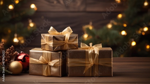 Celebrate the joy of giving with a beautiful stack of Christmas gifts on a rustic wooden table background. The perfect image for the holiday season. © pvl0707