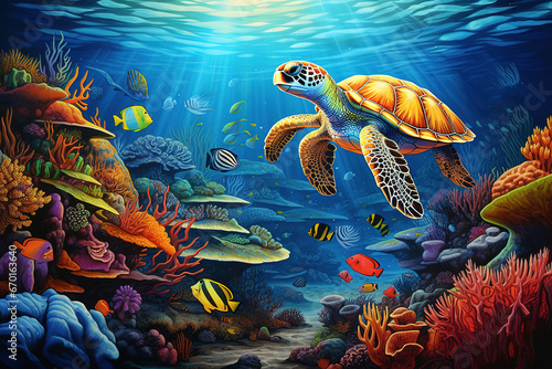 Underwater world, coral reef with turtle and fish
