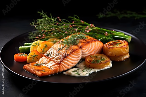 a plate of food with vegetables and a piece of salmon