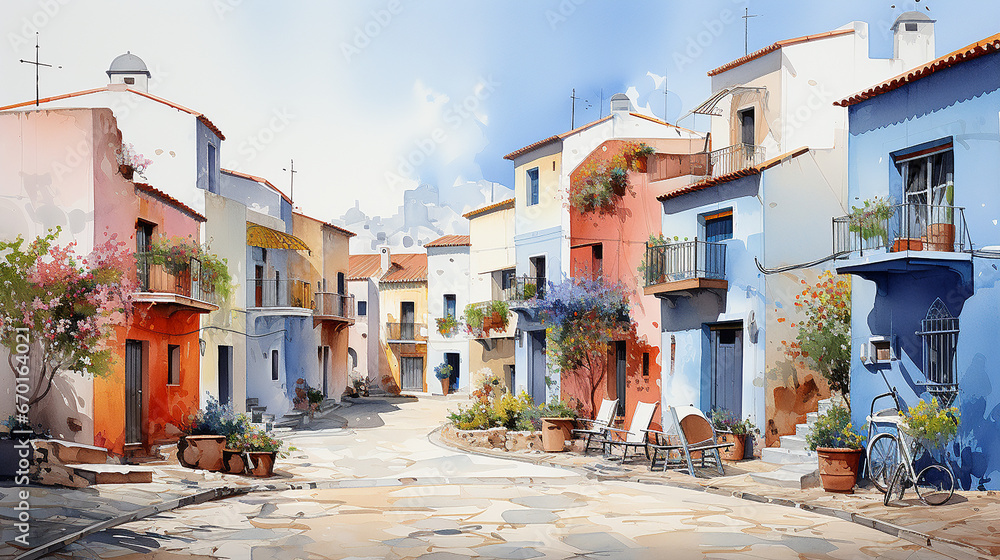 Watercolor painting of Italian town