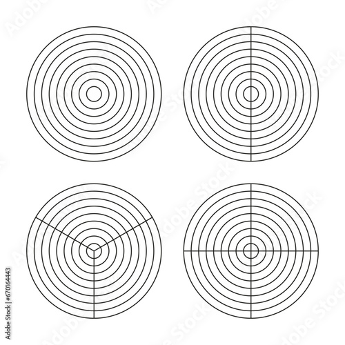 Wheel of life template. Simple coaching tool for visualizing all areas of life. Polar grid with segments and concentric circles. Blank polar graph paper. Circle diagram of life style balance. Vector.