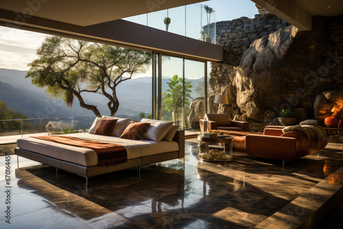 Elegant and modern bedroom with nature-inspired design elements, offering a breathtaking mountain view through expansive windows.