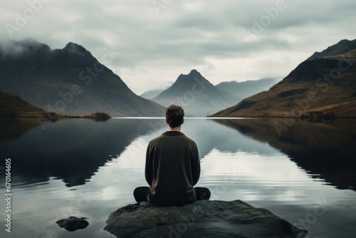 Man in yoga pose on a lake overlooking a nice landscape. New Year resolutions. photo