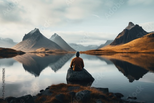 Man in yoga pose on a lake overlooking a nice landscape. New Year resolutions. photo