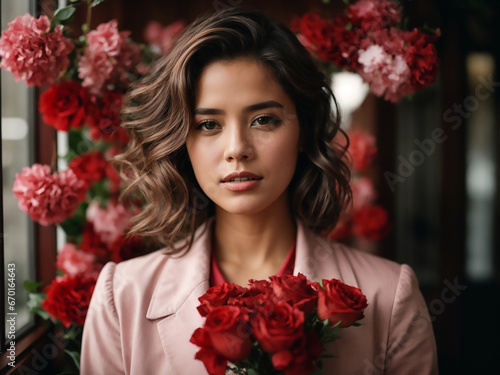 portrait of a girl with a bouquet of red roses
