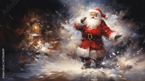 Santa Claus standing amidst a snowy storm, holding a lantern illuminating his path. © Liana