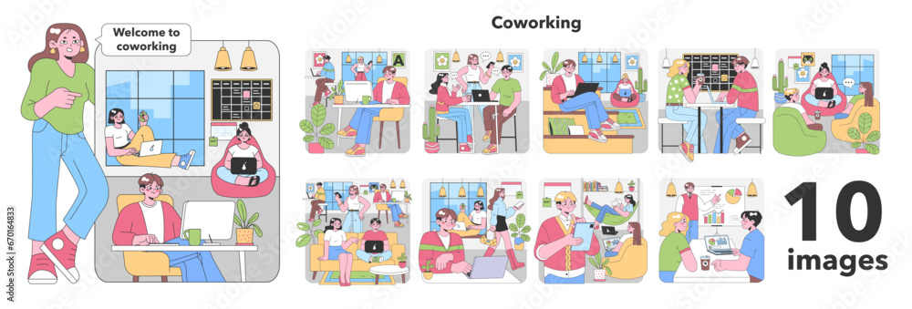 Coworking set. Modern shared workspace scenes. Freelancers networking, collaborating on projects, relaxed coffee breaks. Diverse group interaction. Digital nomad lifestyle. Flat vector illustration Coworking set. Modern shared workspace scenes. Freelancers networking, collaborating on projects, relaxed coffee breaks. Diverse group interaction. Digital nomad lifestyle. Flat vector illustration