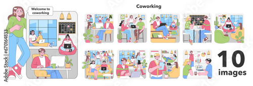 Coworking set. Modern shared workspace scenes. Freelancers networking  collaborating on projects  relaxed coffee breaks. Diverse group interaction. Digital nomad lifestyle. Flat vector illustration