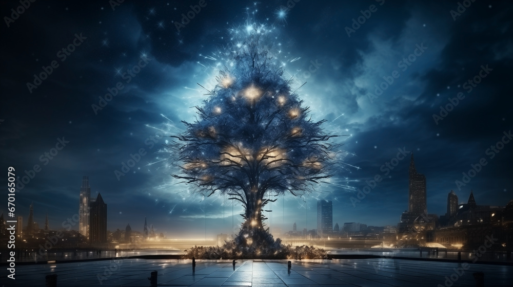 Fantasy Christmas Tree with blue lights at the top of the city. Futuristic  style, illustration of Christmas Tree and celebration.