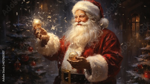 Magical Santa Claus holding a glowing lantern near a Christmas tree.