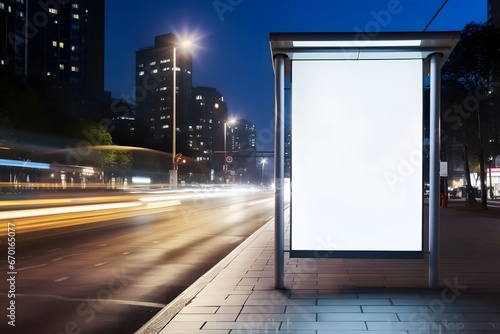 Blank white vertical digital billboard poster on city street bus stop sign at nigh. Street advertising bus stop mockup. 