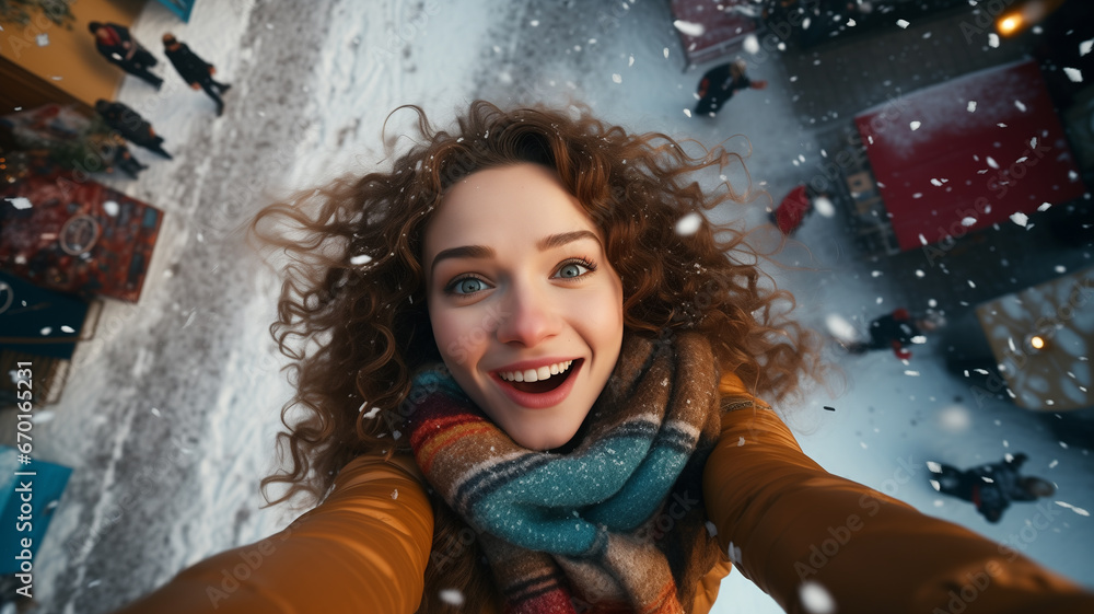 Young happy girl taking selfie in winter in the street. Smiling and taking picture of herself. Looking to the Camera. In the street hard snowing Young happy girl taking selfie in winter in the street. Smiling and taking picture of herself. Looking to the Camera. In the street hard snowing