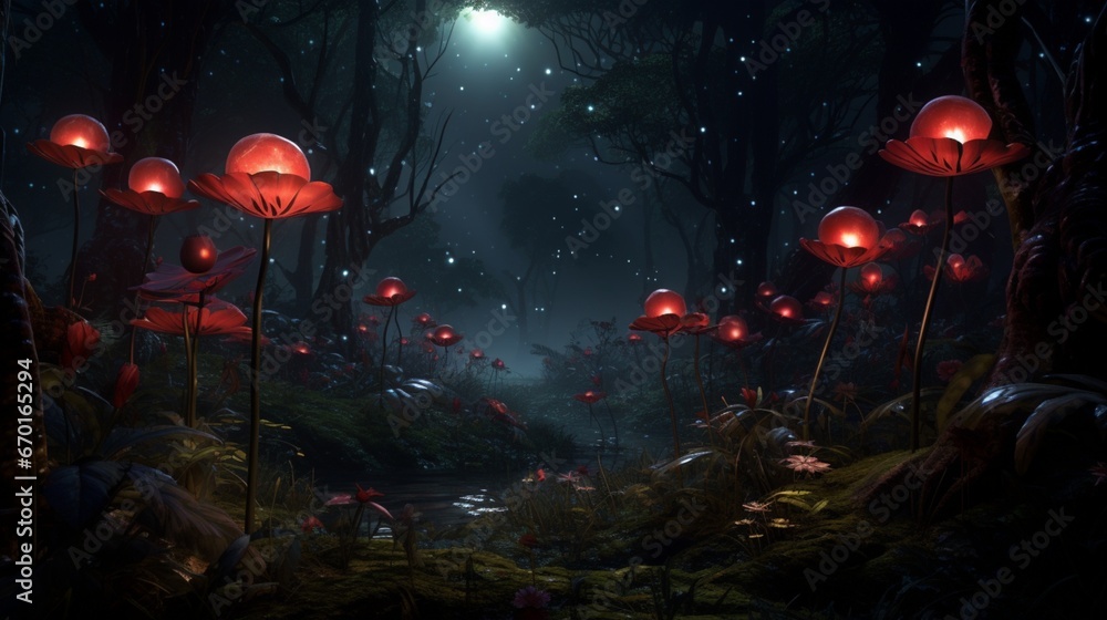 A moonlit night in the rainforest, with Radiant Rafflesia flowers illuminating the darkness.
