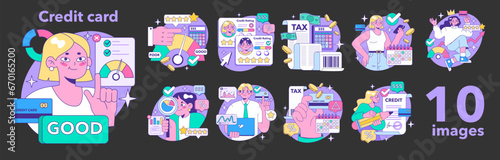 Credit card night or dark mode set. Bank-offered financing of purchases. Individual and business credit card. Credit arrangements and rating. Flat vector illustration