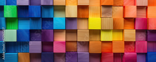 Colored wooden cubes wall. Abstract geometric rainbow blocks. wide banner