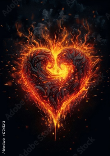 Fire in heart shape from burning and glowing with sparks on black background. Valentine's Day concept. © Yuliia
