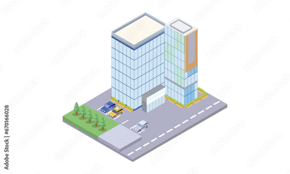 Isometric modern business center with parking and cars. Commercial office building isolated.on white background.3D design.isometric vector design Illustration. Isometric modern business center with parking and cars. Commercial office building isolated.on white background.3D design.isometric vector design Illustration.