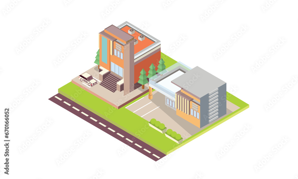 Isometric Buildings, houses and shops.on white background.3D design.isometric vector design Illustration.