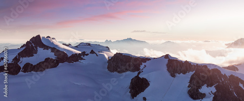 Canadian Mountain Landscape. Aerial Panoramic View. Sunny Sunset.