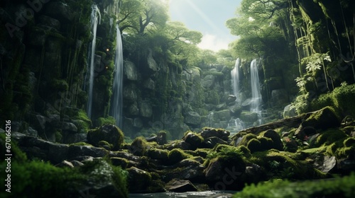 A Moonstone Mallow waterfall cascading down a moss-covered cliff in the heart of an ancient forest.