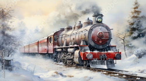  Steam train chugging through a snow-covered landscape, reminiscent of festive holiday journeys.