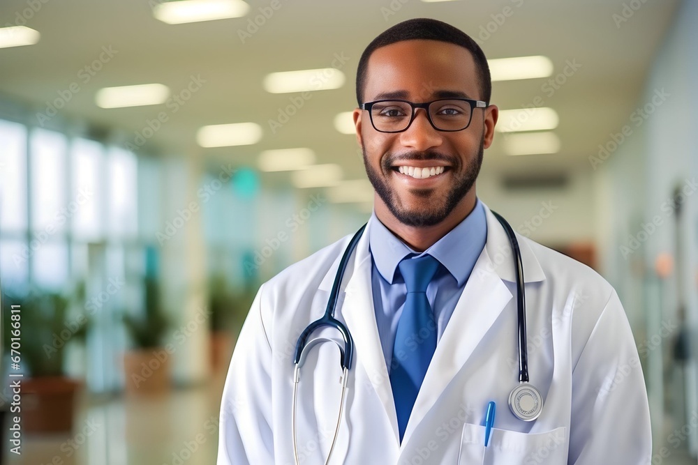 African doctor men in hospital corridor smiling African doctor men in hospital corridor smiling