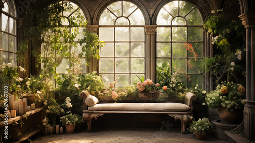 An airy greenhouse filled with lush green plants, botanical illustrations, and a wrought-iron bench