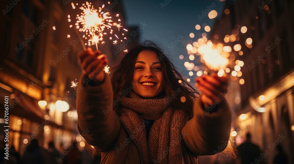 magical ambiance of the festive city as female hands hold sparklers, lighting up the Christmas night with joy and excitement magical ambiance of the festive city as female hands hold sparklers, lighting up the Christmas night with joy and excitement