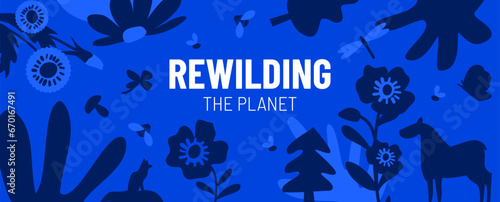 Re-wilding vector illustration. Monotone banner with oversized wildflowers, boar, fish and insects. Protecting wildlife habitats. Promoting biodiversity. Renewing nature