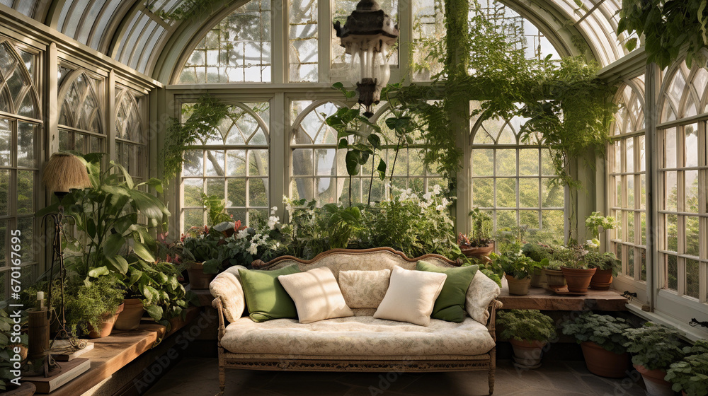 An airy greenhouse filled with lush green plants, botanical illustrations, and a wrought-iron bench