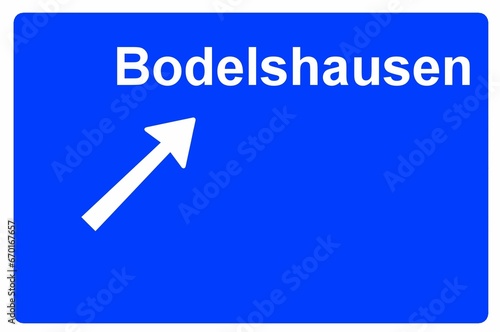 Illustration eines Autobahn-Ausfahrtschildes mit der Beschriftung "Bodelshausen"