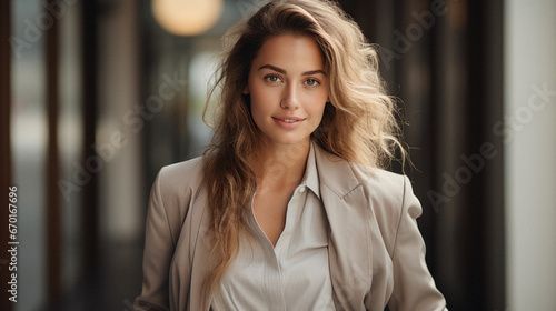 Portrait of smiling blonde woman looking at camera isolated on grey background.