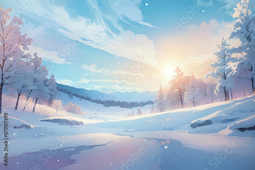 winter snowy watercolor landscape with space for text