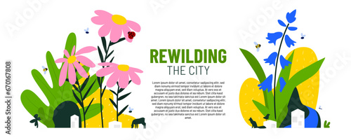 Rewild vector illustration concept. Oversized flowers, animals and birds between buildings in town. Restoration of natural habitats and wildlife. Protecting nature and ecosystem diversity.