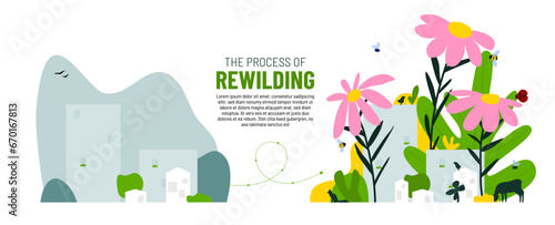 Rewilding the city illustration concept. Transforming urban landscapes into nature friendly environments. Nature-based solution to climate change problem. Promoting biodiversity. Renewing nature photo