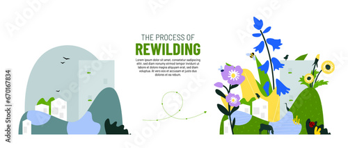 Rewilding the city illustration concept. Transforming urban landscapes into nature friendly environments. Nature-based solution to climate change problem. Promoting biodiversity. Renewing nature 