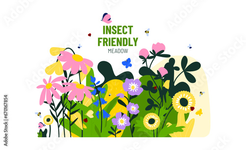 Insect friendly meadow vector illustration. Various wildlife flowers with insects. Rewilding concept, restoring nature's balance. revitalising degraded environments. 