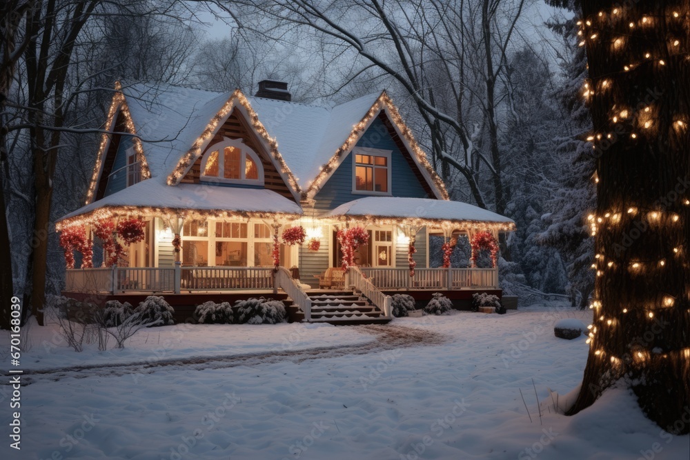 Christmas Outside: Illuminated House and Winter Night with Festive Lights