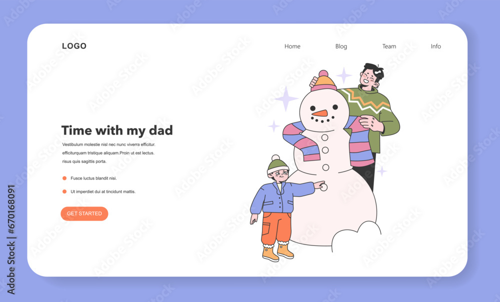 Father and son building and decorating a snowman on winter holiday web banner or landing page. Man and little boy spending time outside. Happy loving family. Flat vector illustration.