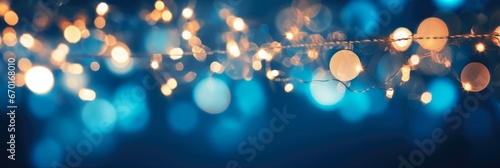 Christmas Sparkle  Glowing Holiday Illumination with Bokeh Lights and Decorative Garland over Blue Background