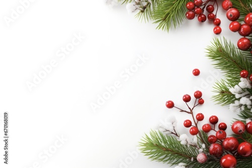 Merry Christmas on White Background. Festive Flatlay Composition with Spruce Branches, Red Berries, and Space for Text.