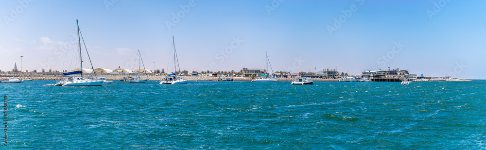 A panorama view towards the waterfront of Walvis Bay, Namibia in the dry season