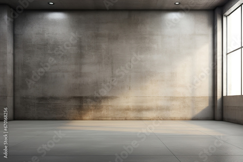 Empty unfurnished room with daylight, concrete wall and floor. Mock up interior. Loft, industrial style. Copy space for your furniture, picture, decoration and other objects. © Kassiopeia 