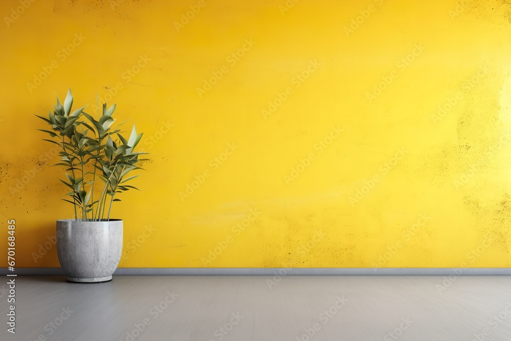 Unfurnished room with daylight, yellow wall, gray floor and potted plant. Mock up interior. Empty, copy space for your furniture, picture, decoration and other objects.