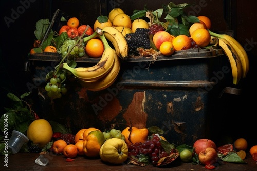 Discarded spoiled produce in garbage container. Generative AI