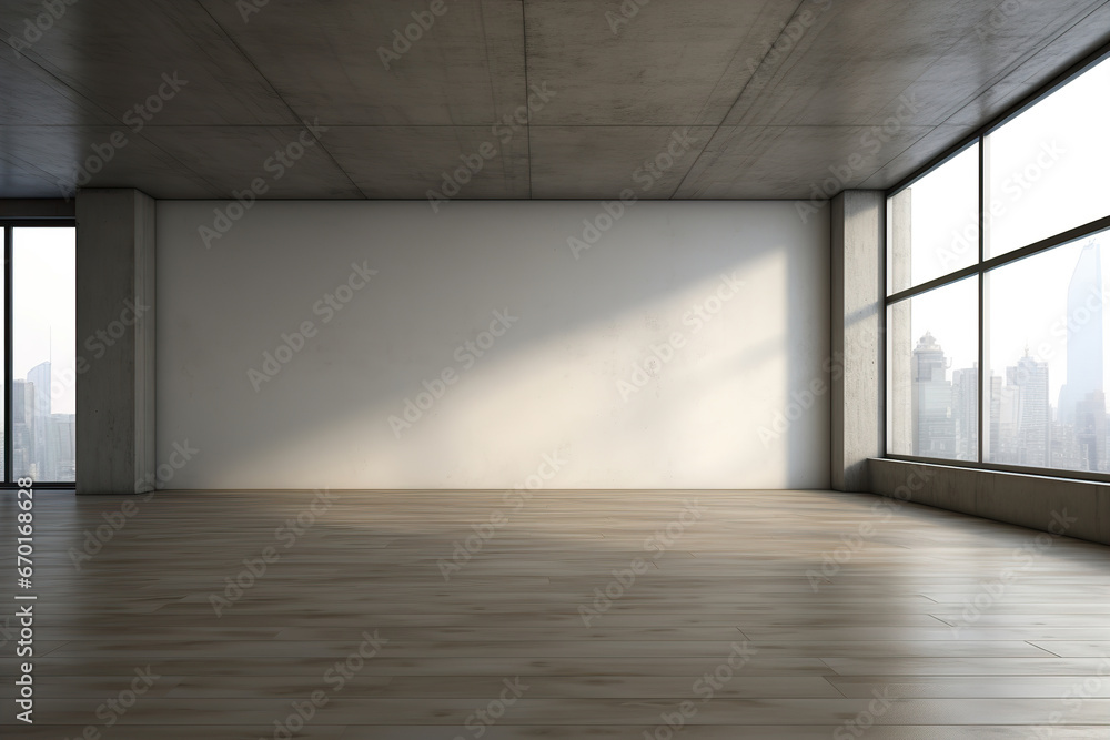 Empty unfurnished room with daylight, concrete wall and wooden floor. Mock up interior. Loft, industrial style. Copy space for your furniture, picture, decoration and other objects. Empty unfurnished room with daylight, concrete wall and wooden floor. Mock up interior. Loft, industrial style. Copy space for your furniture, picture, decoration and other objects.