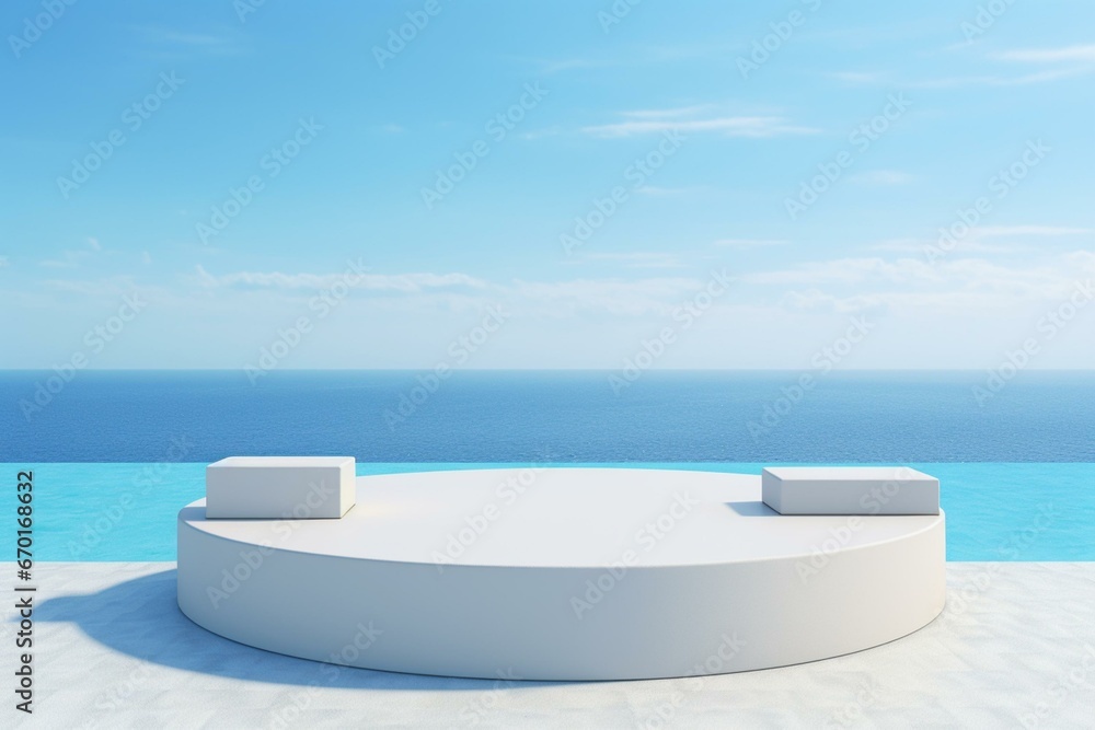 3D rendered product podium against blue sea and sky background. Generative AI