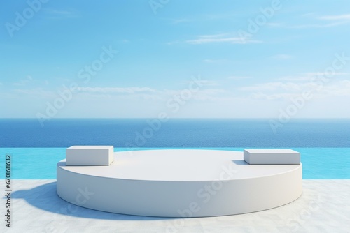 3D rendered product podium against blue sea and sky background. Generative AI