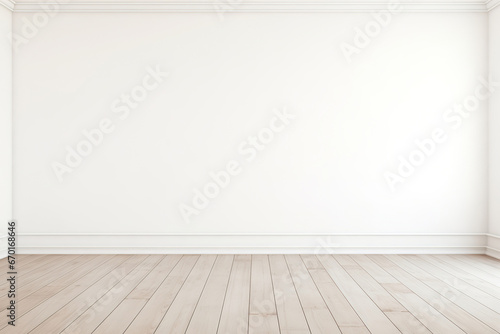 Empty unfurnished room, white wall and parquet floor. Mock up interior. Copy space for your furniture, picture, decoration and other objects. photo