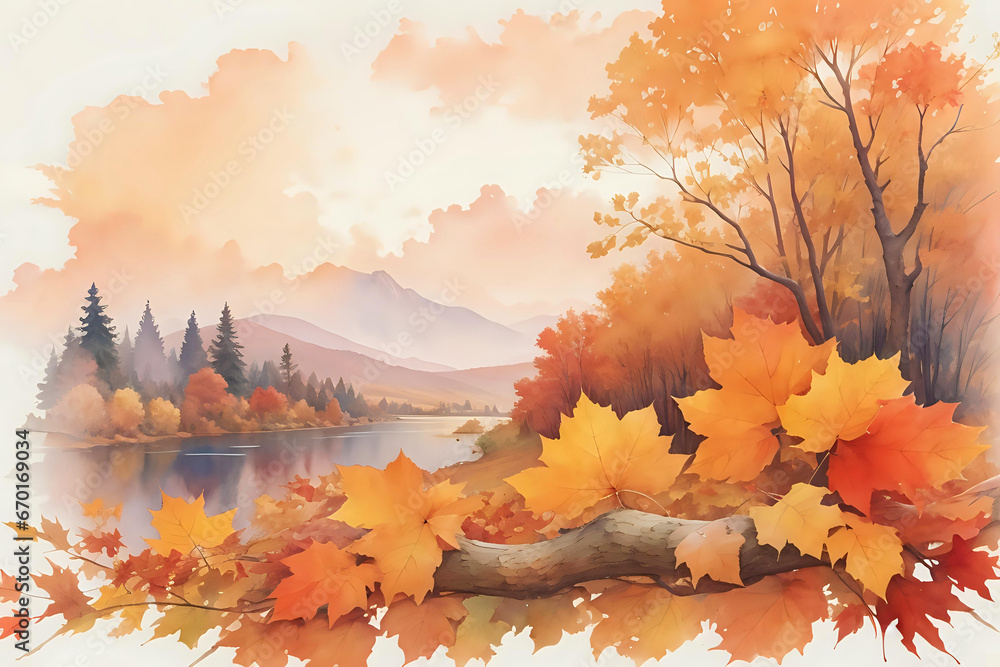 watercolor golden autumn landscape with space for text or advertisement